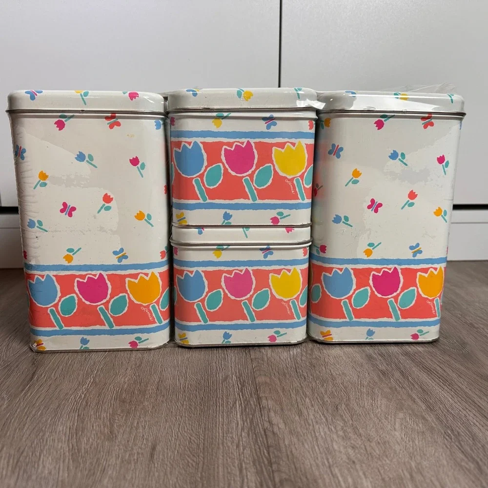 New‎ VTG Cheinco Tulip Butterfly Storage Tin Can Set 4 Piece Retro Kitchen Decor